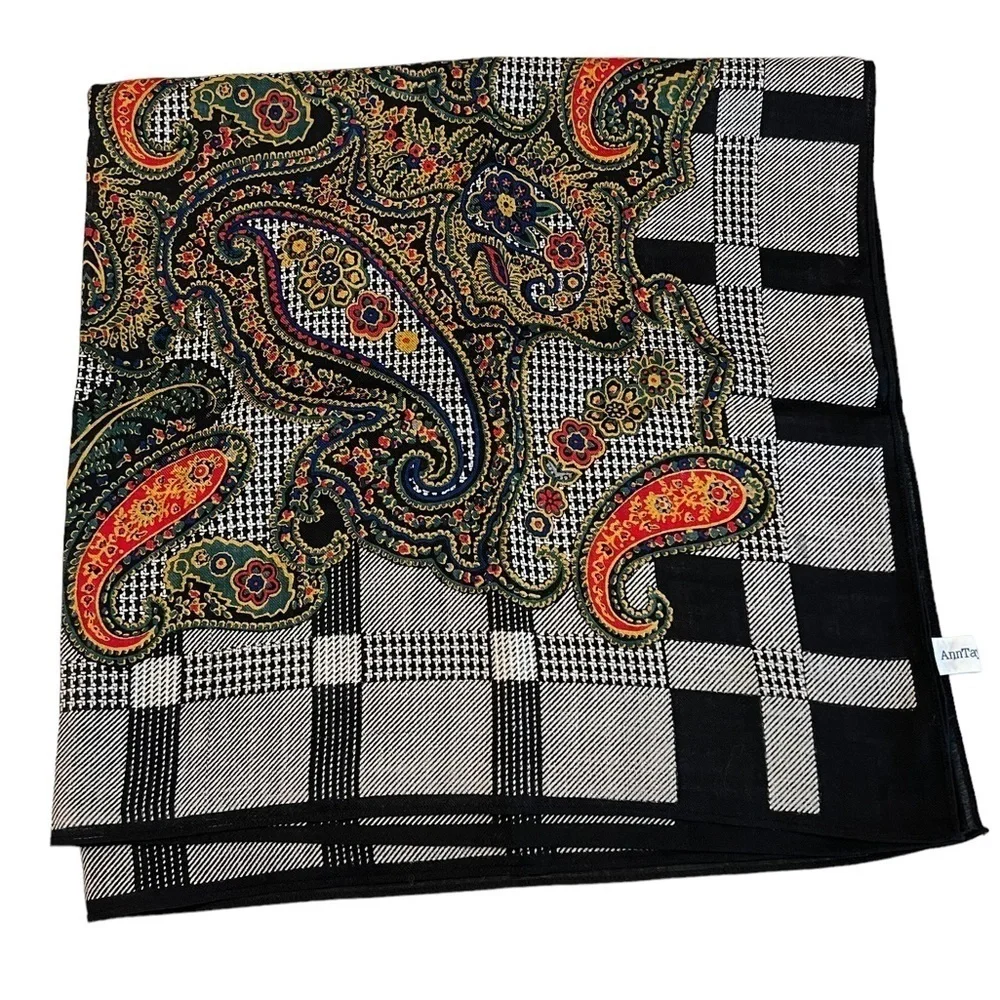 ANN TAYLOR Vintage 100% wool black/ multi plaid & paisley scarf, 34”x34”